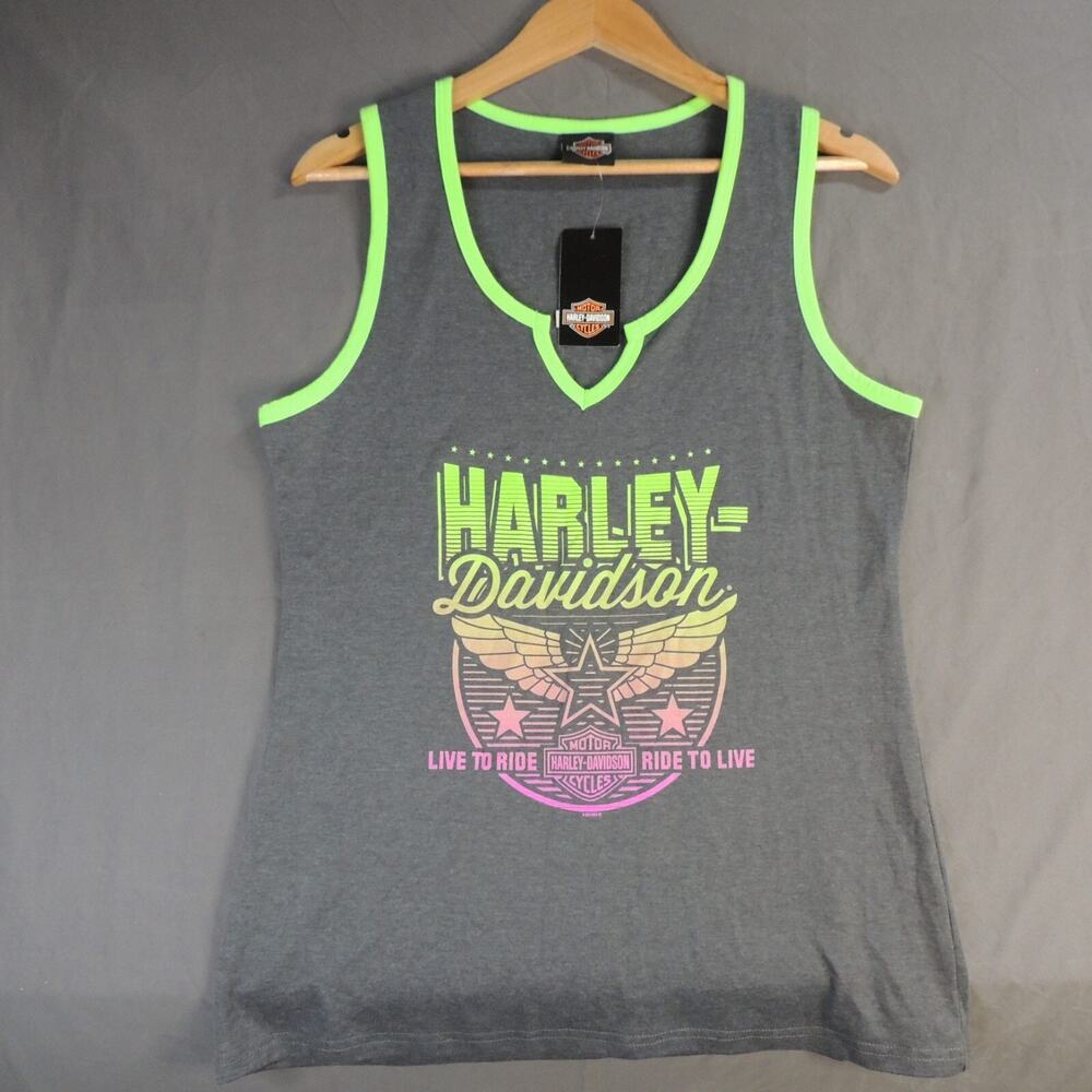 Vintage Motor Harley-Davidson Cycles Tank Top Green Neon Bravado XL